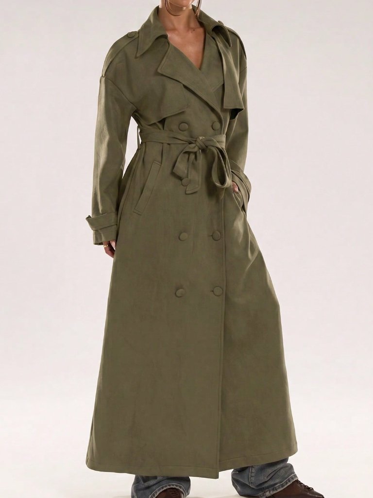 Army Green Elegant Women's Office Double-Breasted Trench Coat